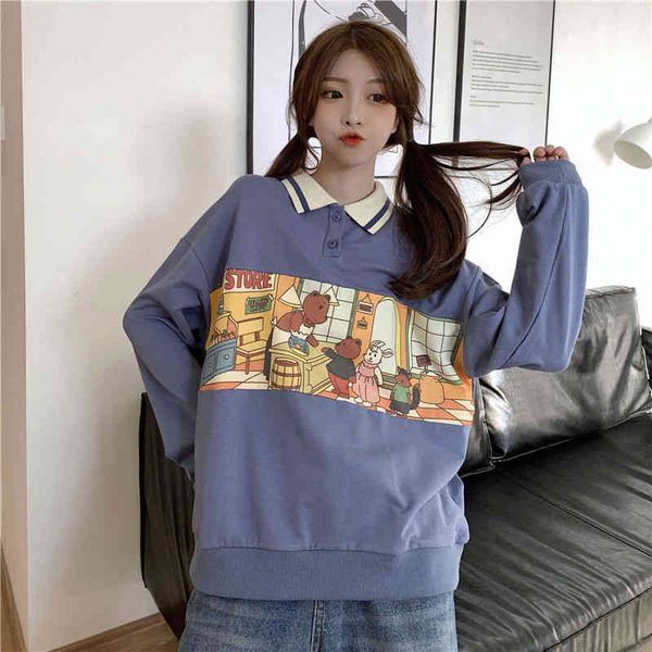 women korean style sweatshirts cartoon bear printed spring autumn basic loose pullover button polo collar clothes vintage, Black
women korean style sweatshirts cartoon bear printed spring autumn basic loose pullover button polo collar clothes vintage, Black