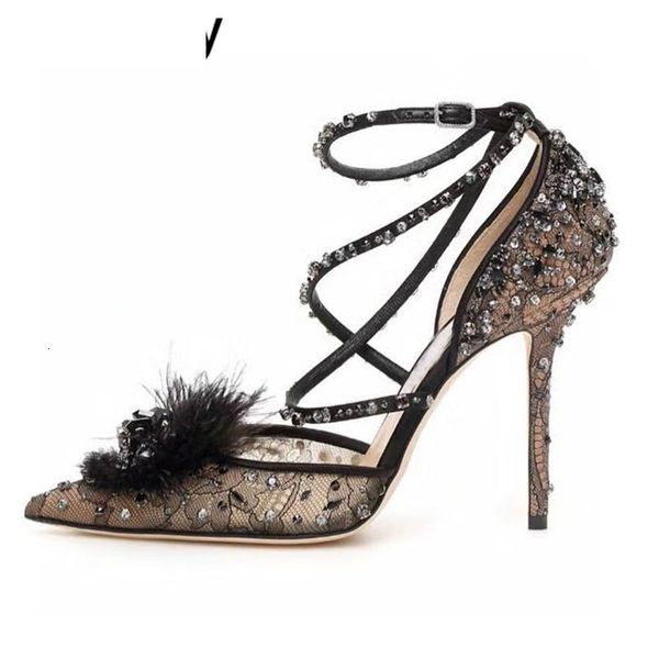 sandals summer crystal high heel shoes women pointed toe lace cut outs feather decor ankle cross strap sandals party porm pum, Black
sandals summer crystal high heel shoes women pointed toe lace cut outs feather decor ankle cross strap sandals party porm pum, Black