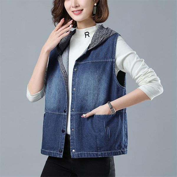 women's vests loose plaid hooded patchwork denim vest women casual big size waistcoat harajuku spring mom's sleeveless jean jacket, Black;white
women's vests loose plaid hooded patchwork denim vest women casual big size waistcoat harajuku spring mom's sleeveless jean jacket, Black;white