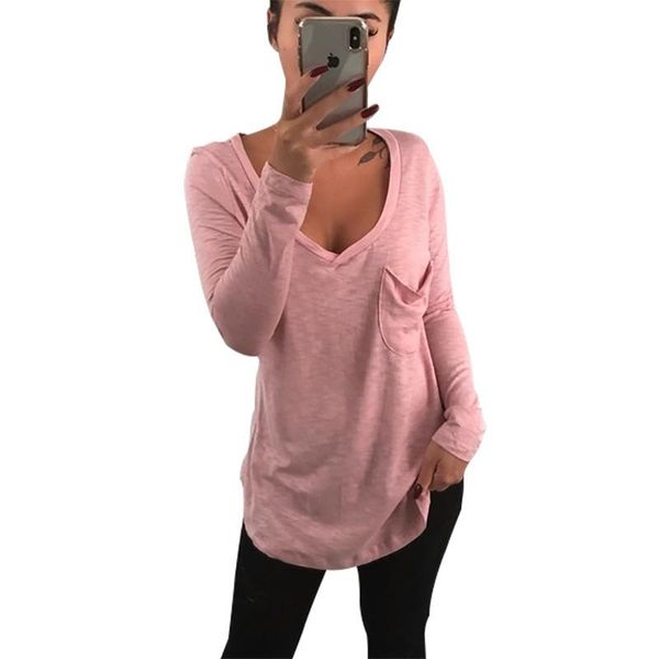 women's t-shirt spring plunging v neck loose pocket women girl plus size solid long sleeve casual roupa feminina rz*, White
women's t-shirt spring plunging v neck loose pocket women girl plus size solid long sleeve casual roupa feminina rz*, White