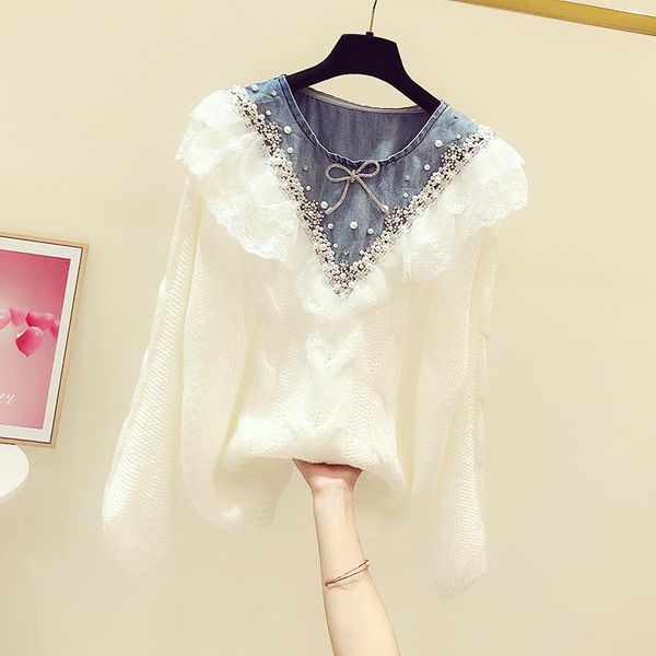 women's sweaters 2021 autumn winter sweet lace ruffled beaded bowknot denim stitching loose sweater coat for white knitwear, White;black
women's sweaters 2021 autumn winter sweet lace ruffled beaded bowknot denim stitching loose sweater coat for white knitwear, White;black