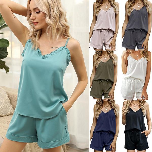 women's tracksuits 2021 summer fashion casual solid v neck ruffles spaghetti straps sleeveless elastic waist lace up short ladies, Gray
women's tracksuits 2021 summer fashion casual solid v neck ruffles spaghetti straps sleeveless elastic waist lace up short ladies, Gray