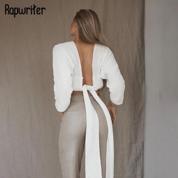 women's sweaters rapwriter backless sweater tie up bandage elegant knitted jumper vintage v neck 2021 autumn high street women cost, White;black
women's sweaters rapwriter backless sweater tie up bandage elegant knitted jumper vintage v neck 2021 autumn high street women cost, White;black