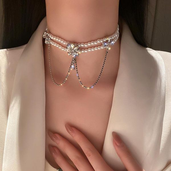 chains korean style flower crystal choker necklaces for women long tassel pendant pearl wedding banquet jewelry, Silver
chains korean style flower crystal choker necklaces for women long tassel pendant pearl wedding banquet jewelry, Silver