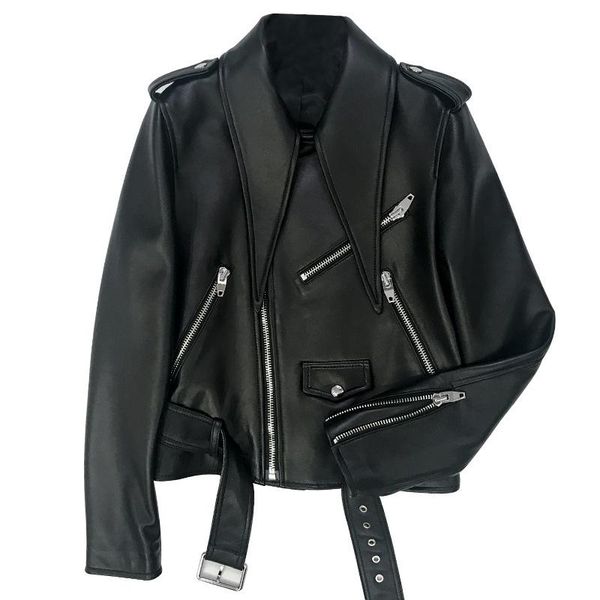 women's leather & faux genuine motorcycle short style sheepskin jacket autumn fashion small bow tie, Black
women's leather & faux genuine motorcycle short style sheepskin jacket autumn fashion small bow tie, Black
