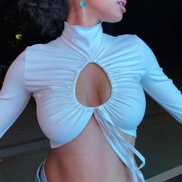 women's t-shirt 2021 summer hollow out tie up slim high neck long sleeve female street club ruched crop tshirts, White
women's t-shirt 2021 summer hollow out tie up slim high neck long sleeve female street club ruched crop tshirts, White