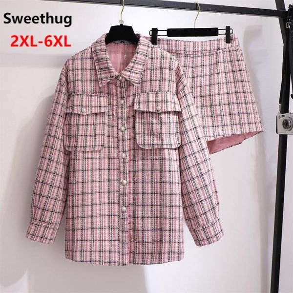 plus size tracksuits sweethug autumn tweed plaid jacket sets women 5xl 6xl bust 156cm loose casual iong sleever pink color, Black 
plus size tracksuits sweethug autumn tweed plaid jacket sets women 5xl 6xl bust 156cm loose casual iong sleever pink color, Black
