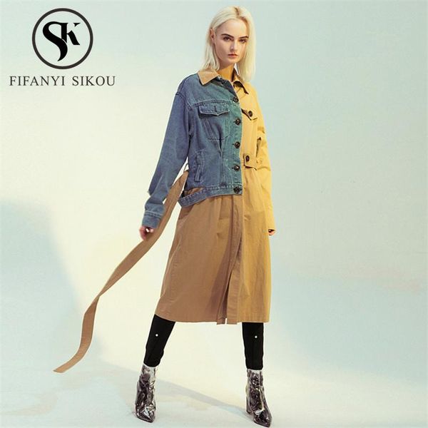 women's trench coats patchwork denim women coat single breasted lapel long streetwear fashion loose female windbreaker 2021 autumn, Tan;black
women's trench coats patchwork denim women coat single breasted lapel long streetwear fashion loose female windbreaker 2021 autumn, Tan;black