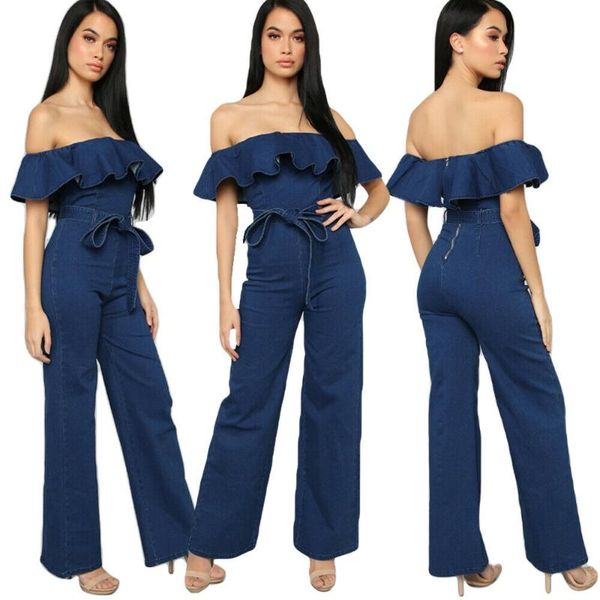women's jumpsuits & rompers blue denim off shoulder jumpsuit women ruffle belt wide leg pants playsuit 2021 spring summer romper zipper, Black;white
women's jumpsuits & rompers blue denim off shoulder jumpsuit women ruffle belt wide leg pants playsuit 2021 spring summer romper zipper, Black;white