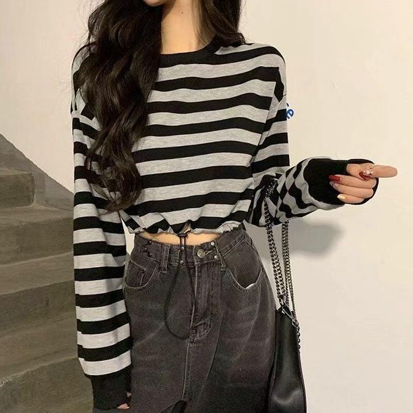 women's striped long-sleeved spring 2021 slim high-waist cropped t-shirt casual fashion short trend, White
women's striped long-sleeved spring 2021 slim high-waist cropped t-shirt casual fashion short trend, White