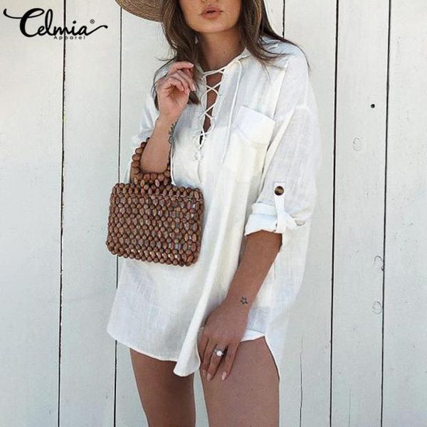 celmia female loose long blouses casual sleeve lapel lace up shirts solid color party chemise with pockets plus size women's &, White
celmia female loose long blouses casual sleeve lapel lace up shirts solid color party chemise with pockets plus size women's &, White