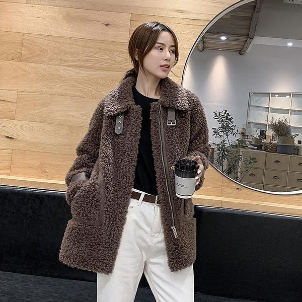 women's fur & faux 2021 winter real coat korean fashion zipper pocket granules sheep shearing jacket ladies loose long overcoat d96, Black
women's fur & faux 2021 winter real coat korean fashion zipper pocket granules sheep shearing jacket ladies loose long overcoat d96, Black