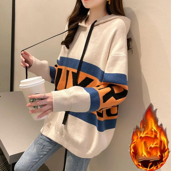 women's sweaters winter letter printing hooded knit sweater women 2021 autumn basic pullover plus velvet keep warm simple casual top, White;black
women's sweaters winter letter printing hooded knit sweater women 2021 autumn basic pullover plus velvet keep warm simple casual top, White;black