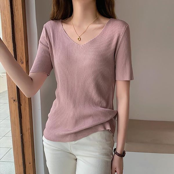 women's t-shirt solid knitted tshirt for women short sleeve v neck slim korean fashion casual woman tshirts tee shirt femme summer lady, White
women's t-shirt solid knitted tshirt for women short sleeve v neck slim korean fashion casual woman tshirts tee shirt femme summer lady, White