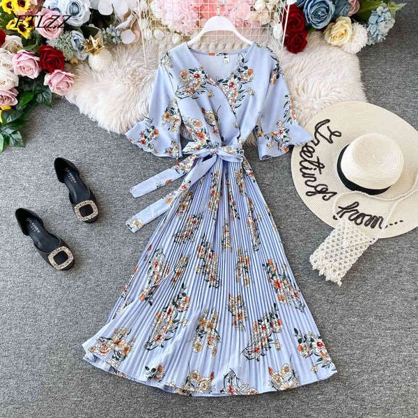 v neck floral print summer bandage dress midi long chiffon party women casual elegant pleated beach holiday dresses 210423, Black;gray
v neck floral print summer bandage dress midi long chiffon party women casual elegant pleated beach holiday dresses 210423, Black;gray