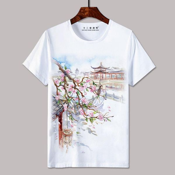 women's t-shirt chinese-style culture landscape painting ink short-sleeved men women loose round neck base shirt, White
women's t-shirt chinese-style culture landscape painting ink short-sleeved men women loose round neck base shirt, White