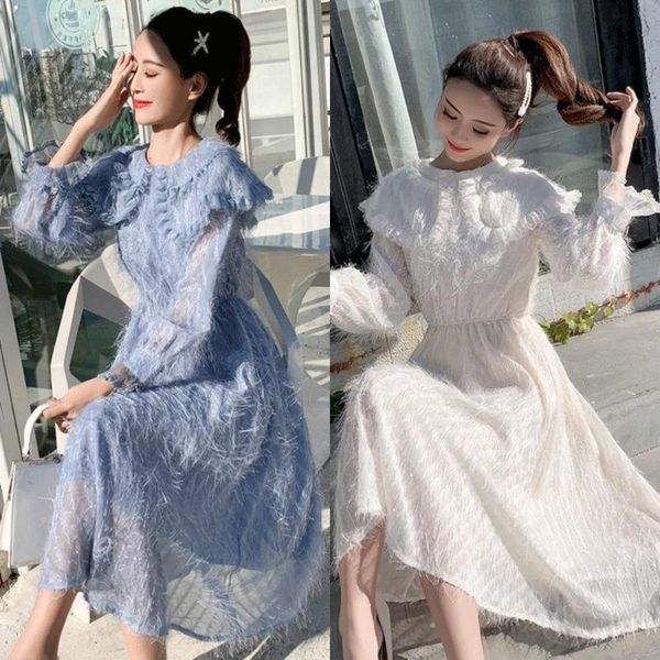 casual dresses winter spring pan collar mesh dress full sleeve lace long female vintage a-line evening party, Black;gray 
casual dresses winter spring pan collar mesh dress full sleeve lace long female vintage a-line evening party, Black;gray