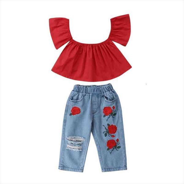 fashion casual toddler baby girls sets off shoulder short petal sleeve red t-shirts floral denim blue pants, White
fashion casual toddler baby girls sets off shoulder short petal sleeve red t-shirts floral denim blue pants, White