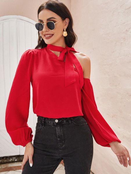 tie neck cut out lantern sleeve blouse v6s6#, White 
tie neck cut out lantern sleeve blouse v6s6#, White