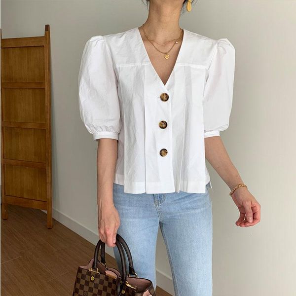women's blouses & shirts 2021 elegant v-neck three buttons pleated loose all-match puff sleeve shirt, White
women's blouses & shirts 2021 elegant v-neck three buttons pleated loose all-match puff sleeve shirt, White