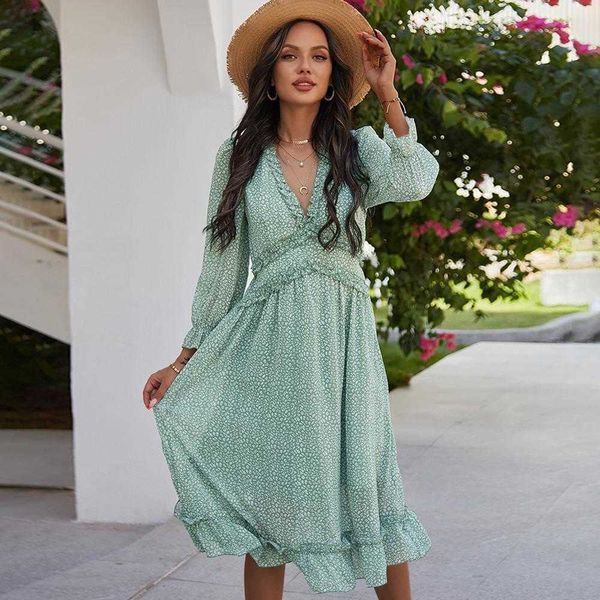 sleeved dress women's wear 2021 spring summer v-neck printed women's drs, Black;gray
sleeved dress women's wear 2021 spring summer v-neck printed women's drs, Black;gray