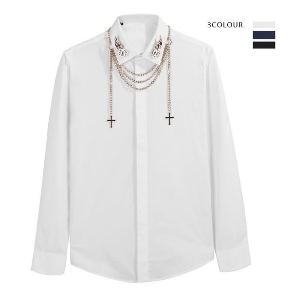 business shirt deluxe and night fashion brand personalized metal chain decoration cotton no iron slim long sleeve men's bottom, White;black
business shirt deluxe and night fashion brand personalized metal chain decoration cotton no iron slim long sleeve men's bottom, White;black