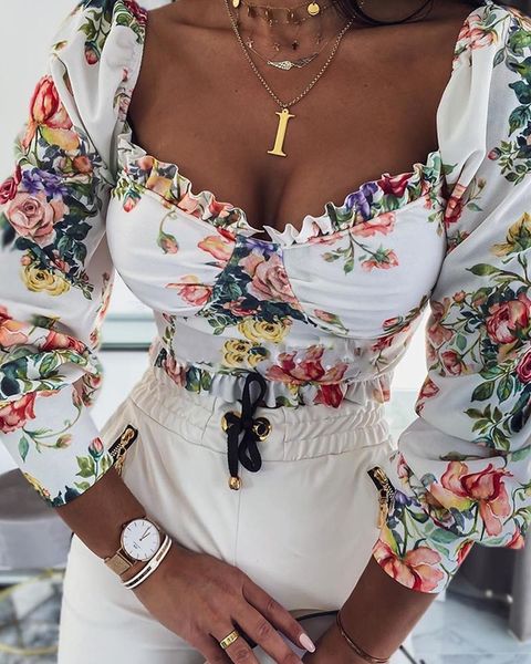 women's t-shirt crop elegant long puff sleeve square neck ruffle trim floral print summer corset streetwear, White
women's t-shirt crop elegant long puff sleeve square neck ruffle trim floral print summer corset streetwear, White