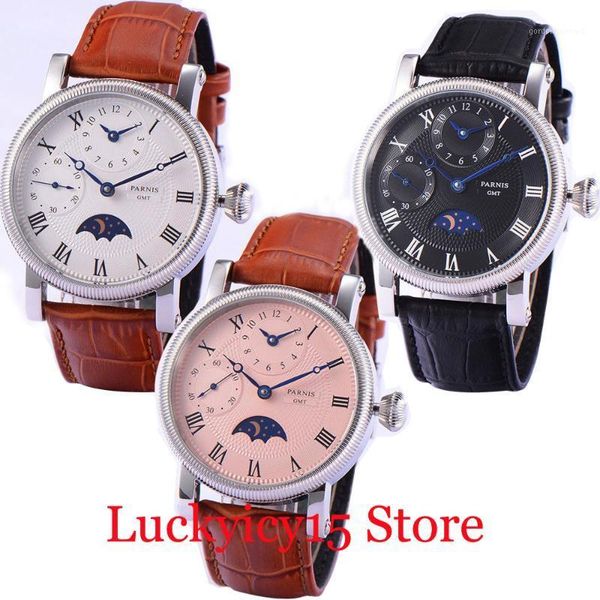 models 42mm hand winding men's watch moon phase with roman numbers gmt function wristwatches, Slivery;brown
models 42mm hand winding men's watch moon phase with roman numbers gmt function wristwatches, Slivery;brown