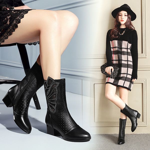 spring leather net boots hollowed out women's thick heel single middle tube mh, Black
spring leather net boots hollowed out women's thick heel single middle tube mh, Black