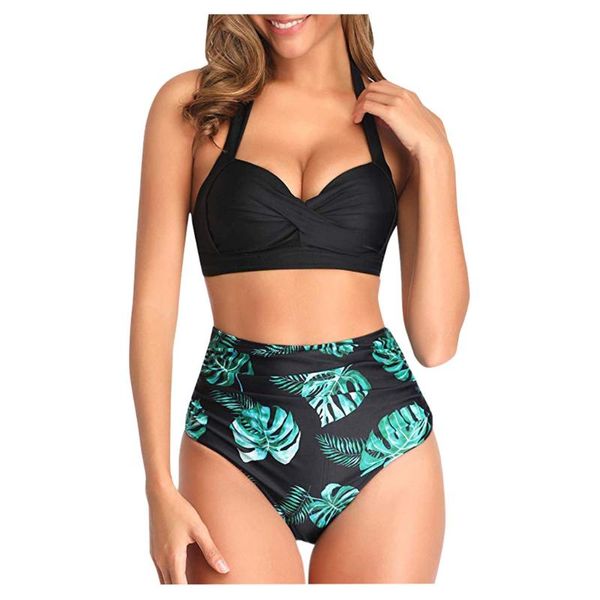 women's swimwear summer bikini sets women vintage swimsuit two piece retro halter ruched high waist print set bathing suits 2021, White;black
women's swimwear summer bikini sets women vintage swimsuit two piece retro halter ruched high waist print set bathing suits 2021, White;black