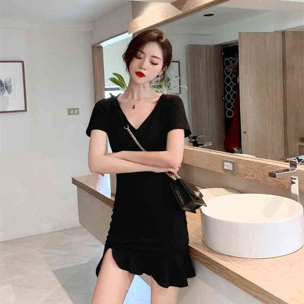 women's knits & tees summer split fishtail irregular bag hip v-neck slim short-sleeved dress little black j8lf, White
women's knits & tees summer split fishtail irregular bag hip v-neck slim short-sleeved dress little black j8lf, White