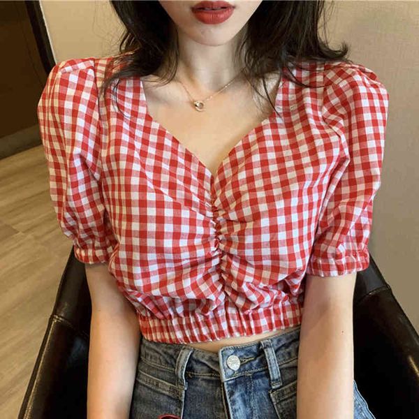 women's blouses & shirts short-cut female plaid blouse, puffy sleeve shirt with v-neck for summer 42t5, White
women's blouses & shirts short-cut female plaid blouse, puffy sleeve shirt with v-neck for summer 42t5, White