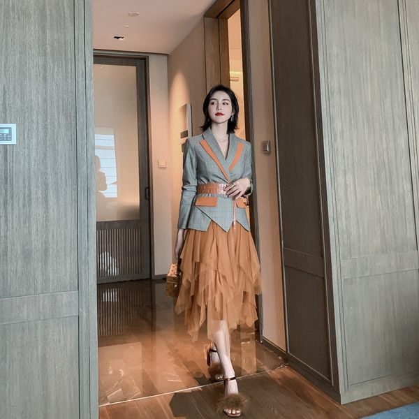 women's ensemble two-piece plaid blazer irregular mesh skirt uniform, Black 
women's ensemble two-piece plaid blazer irregular mesh skirt uniform, Black