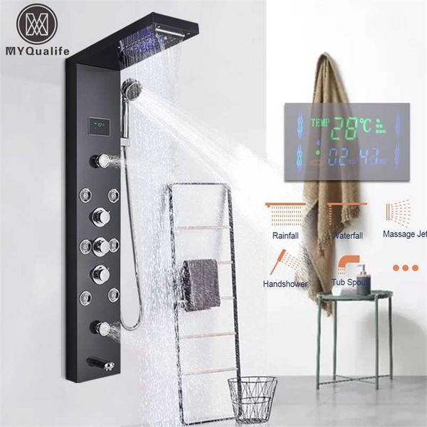 led light shower panel waterfall rain faucet set spa massage jet bath column mixer tap tower 211229
led light shower panel waterfall rain faucet set spa massage jet bath column mixer tap tower 211229