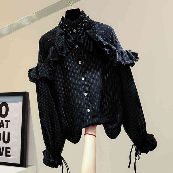 blouses beads diamond-embedded long-sleeved shirt woman spring korean style loose striped ruffled turtleneck frayed blusa blouses, White
blouses beads diamond-embedded long-sleeved shirt woman spring korean style loose striped ruffled turtleneck frayed blusa blouses, White