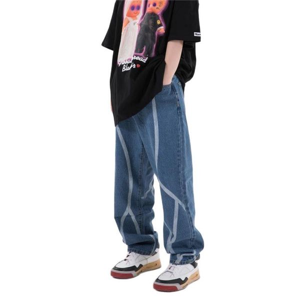 men's jeans clothing american style high street line printing washed straight fashion casual loose wide-leg trousers, Blue
men's jeans clothing american style high street line printing washed straight fashion casual loose wide-leg trousers, Blue