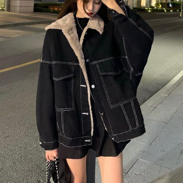 women's jackets cashmere thickened lamb wool denim coat warm loose cotton clothes winter black women, Black;brown
women's jackets cashmere thickened lamb wool denim coat warm loose cotton clothes winter black women, Black;brown