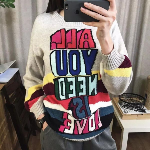 women's sweaters brand designer 2021 fall winter sweater thick warm pullovers fashion rainbow letter jacquard knitwear women o neck c-, White;black
women's sweaters brand designer 2021 fall winter sweater thick warm pullovers fashion rainbow letter jacquard knitwear women o neck c-, White;black