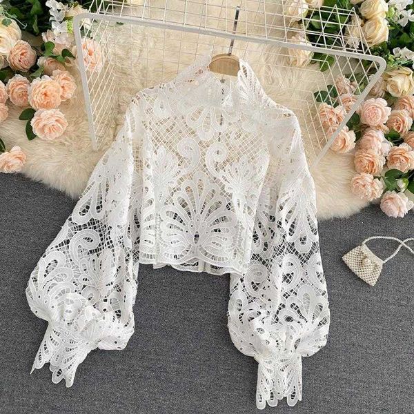 lace hollow out short blouse casual lantern long sleeve stand collar shirts female elegant red/pink/white loose 210706
lace hollow out short blouse casual lantern long sleeve stand collar shirts female elegant red/pink/white loose 210706