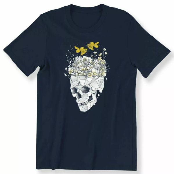 Mens Ladies Floral Skull Gold Fish Yellow T-shirt Flowers Nature Skull T-shirt, White;black 
Mens Ladies Floral Skull Gold Fish Yellow T-shirt Flowers Nature Skull T-shirt, White;black