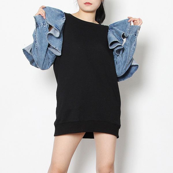 hoodie spring patchwork denim ruffle sweatshirt for women o neck long sleeve casual sweatshirts female fashion clothes, Black 
hoodie spring patchwork denim ruffle sweatshirt for women o neck long sleeve casual sweatshirts female fashion clothes, Black