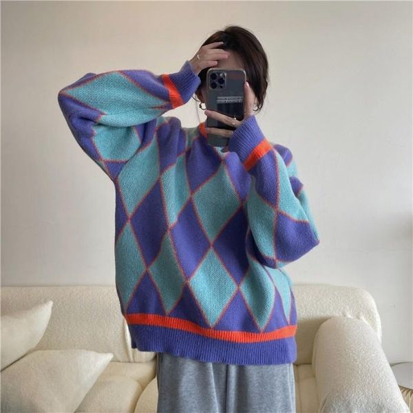 women's sweaters contrast diamond check sweater autumn winter warm round neck pullover chic age reducing loose women, White;black
women's sweaters contrast diamond check sweater autumn winter warm round neck pullover chic age reducing loose women, White;black