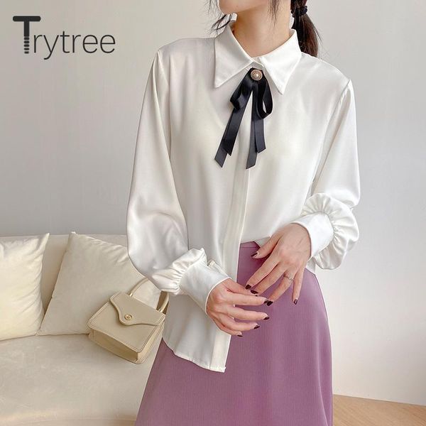 trytree 2021 autumn women casual blouse bow tie lantern sleeve single-breasted office lady silky solid women's blouses & shirts, White
trytree 2021 autumn women casual blouse bow tie lantern sleeve single-breasted office lady silky solid women's blouses & shirts, White