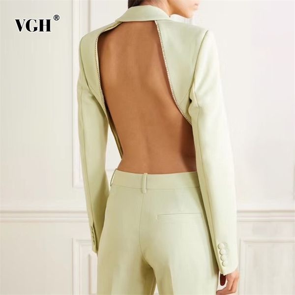 vgh asymmetric blazer for women notched collar long sleeve backless hollow out beading green coats female fashin style 211019, White;black
vgh asymmetric blazer for women notched collar long sleeve backless hollow out beading green coats female fashin style 211019, White;black