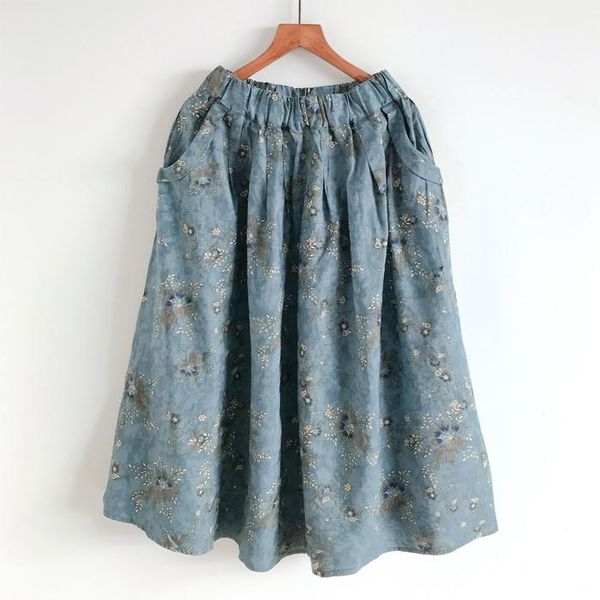 skirts cotton women skirt spring 2021 print flowers a line elastic waist loose pockets mori girl fashion female yoyikamomo, Black
