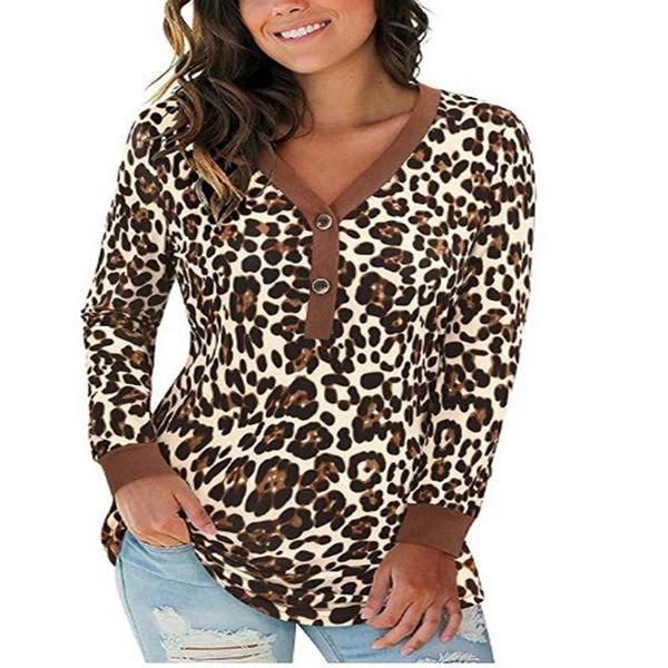 women's t-shirt v-neck button leopard print splicing long sleeve women clothes antumn winter shirts, White
women's t-shirt v-neck button leopard print splicing long sleeve women clothes antumn winter shirts, White
