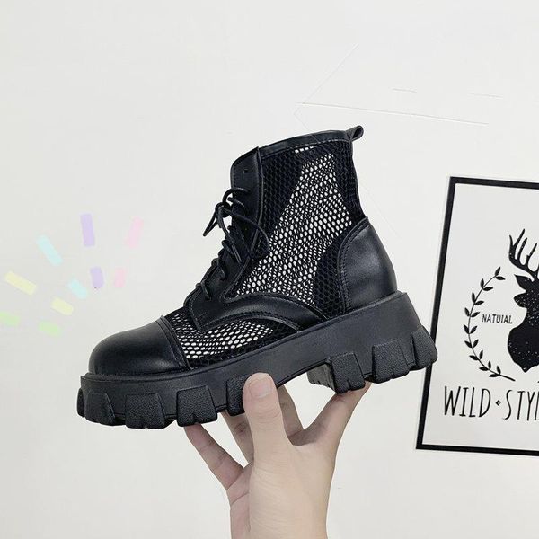 boots 2021 spring and autumn round toe ankle women lace up net yarn shoes for ladies casual women's short, Black