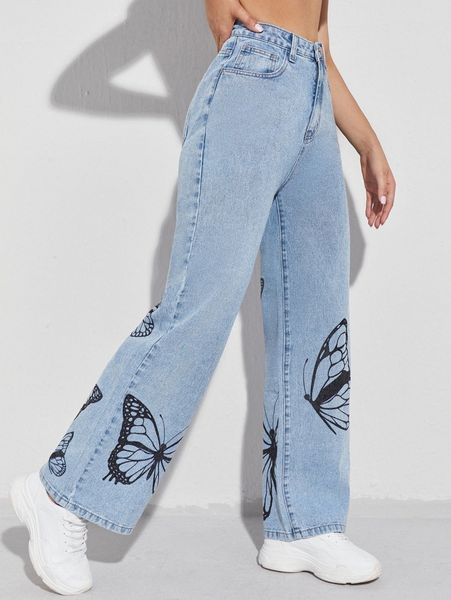 butterfly print wide leg jeans l5fc#, Blue 
butterfly print wide leg jeans l5fc#, Blue