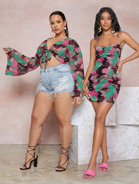 plus 1pc allover print tie front crop kimono w2kz#, Black
plus 1pc allover print tie front crop kimono w2kz#, Black