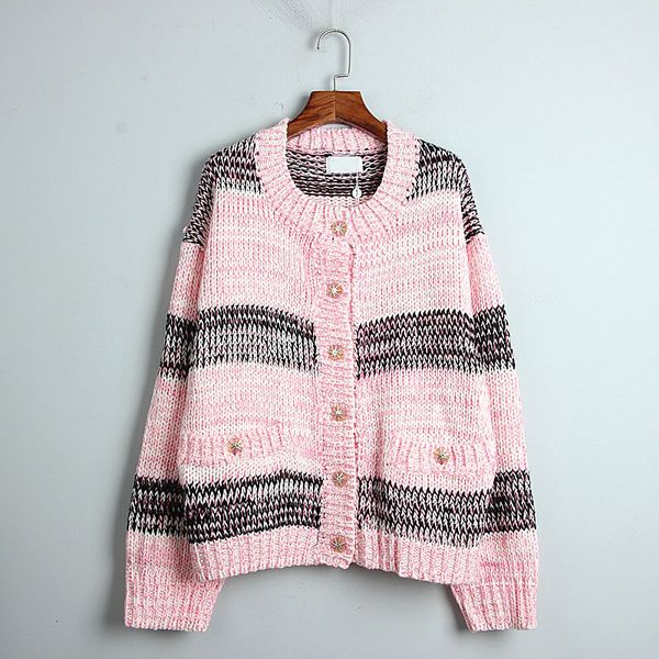 knits sweet pink striped oversized cardigan fall thick warm women o-neck single breasted sweater coat, White
knits sweet pink striped oversized cardigan fall thick warm women o-neck single breasted sweater coat, White
